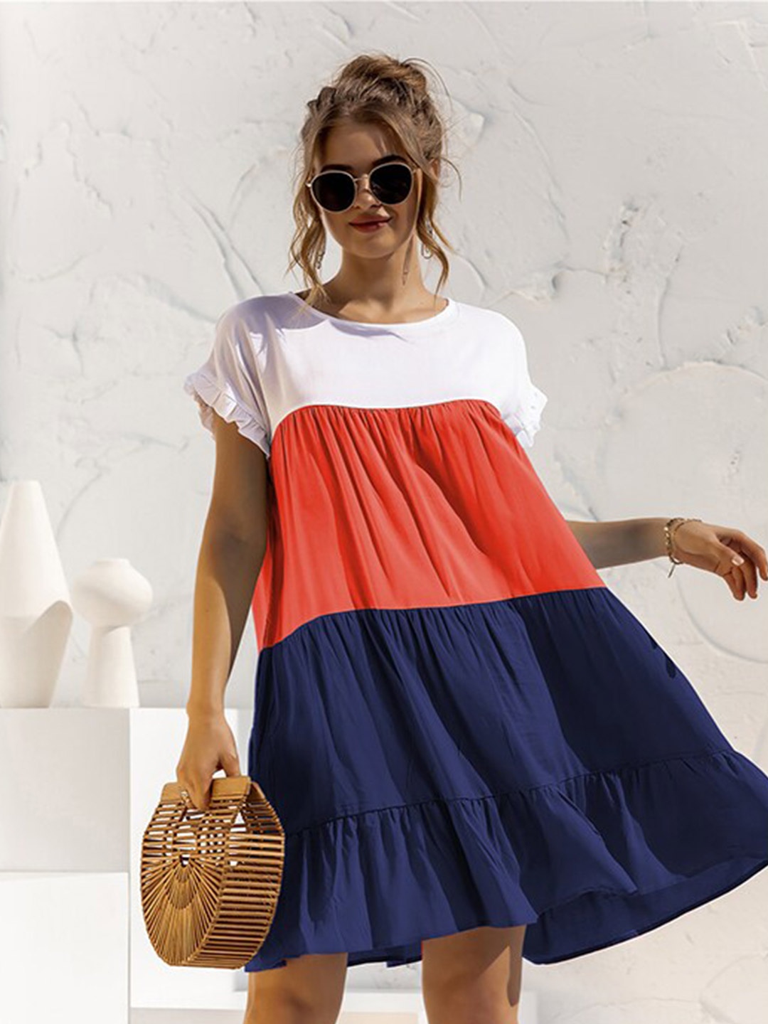 

StyleCast Navy Blue Red Colourblocked Tiered A-line Above Knee Dress