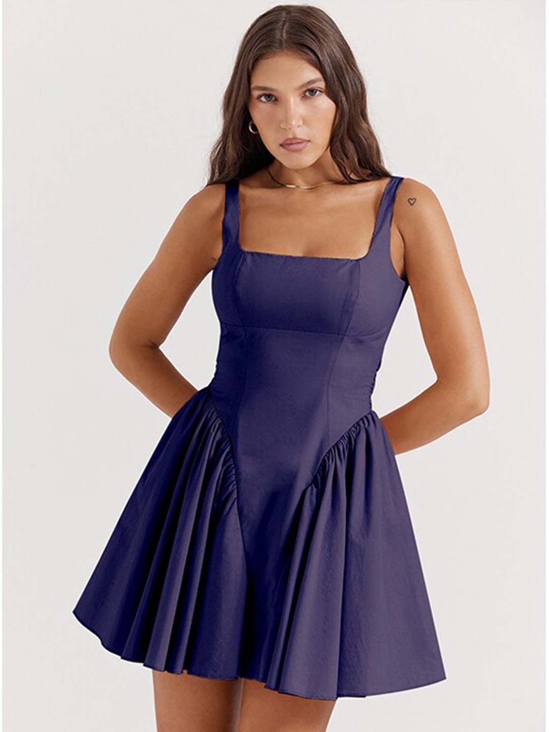 

StyleCast Navy Blue Shoulder Straps Gathered Fit & Flare Mini Dress