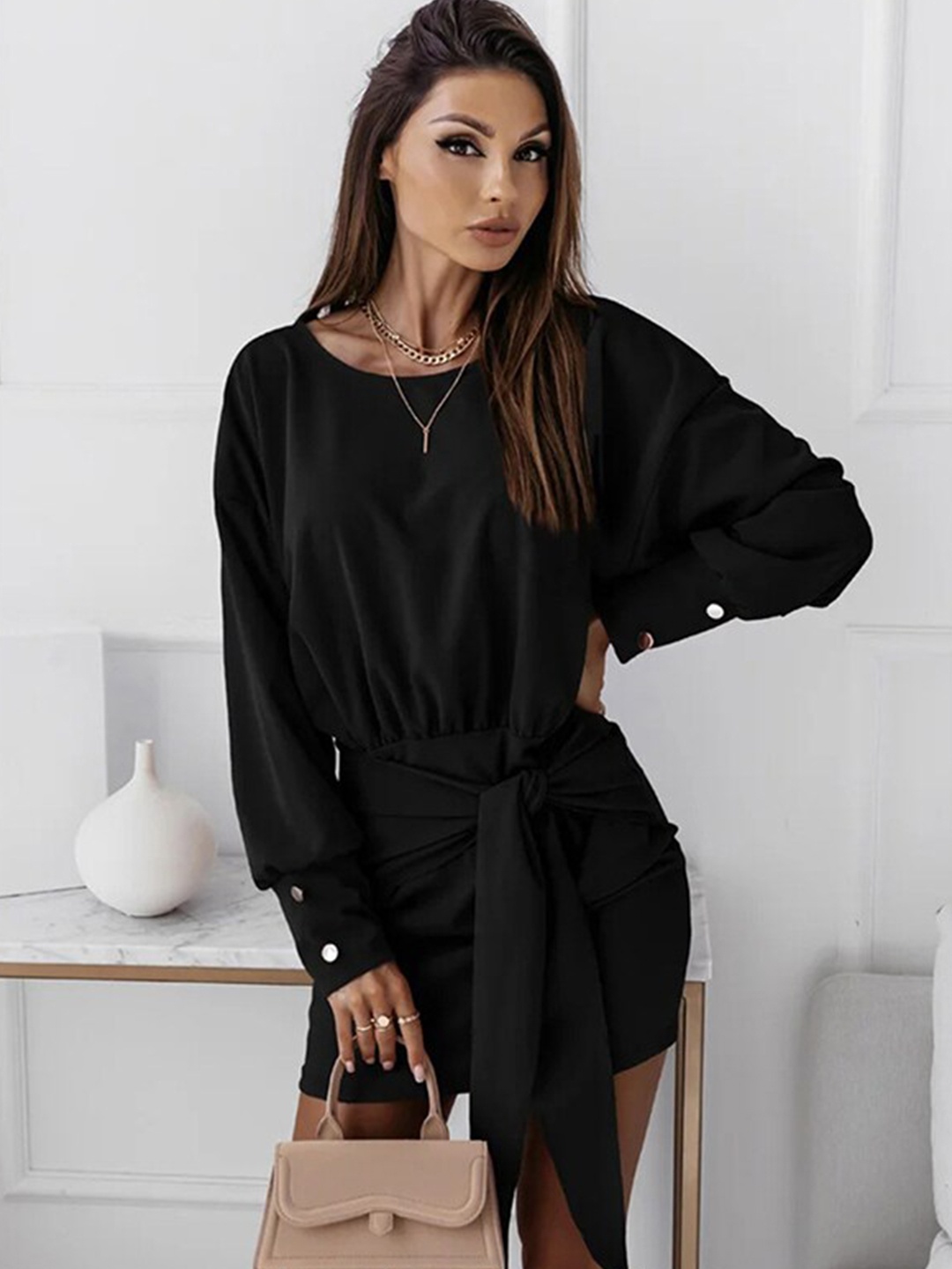 

StyleCast Black Cuffed Sleeves Tie-Up Sheath Mini Dress