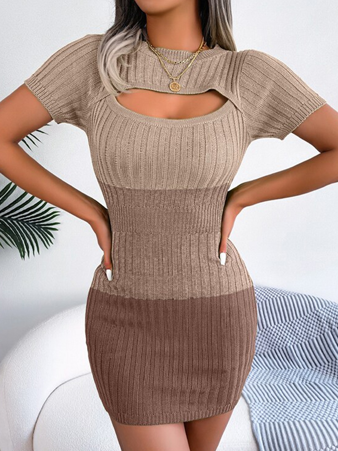 

StyleCast Khaki Self Design High Neck Cut-Outs Detail Bodycon Mini Dress
