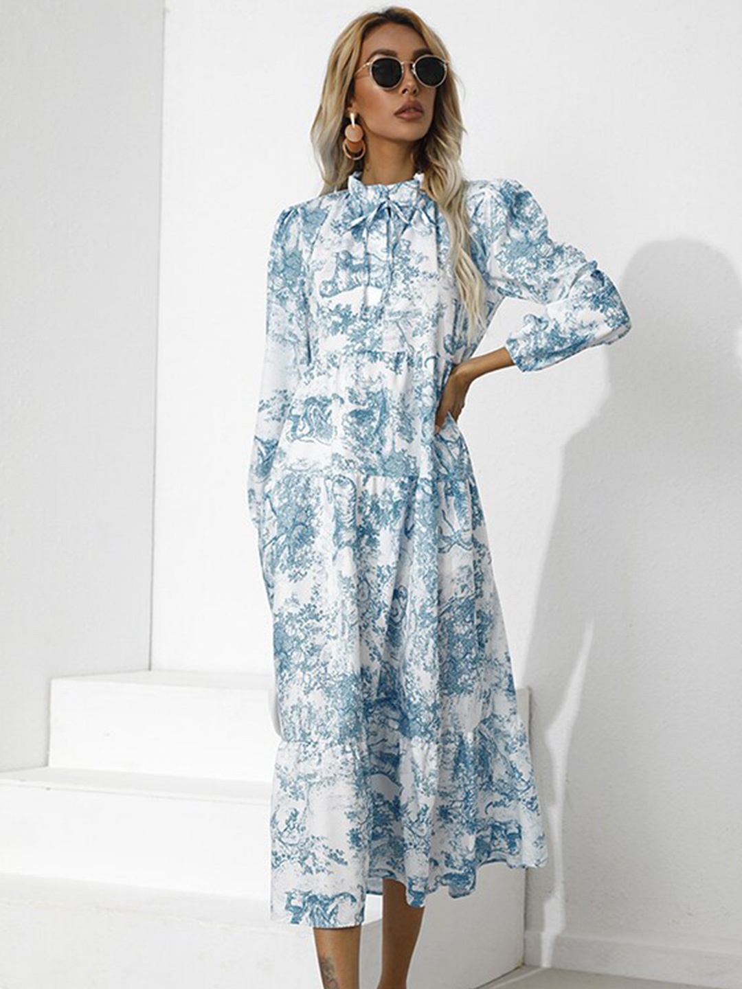 

StyleCast Blue Abstract Printed High Neck Gathered Detail A-Line Dress