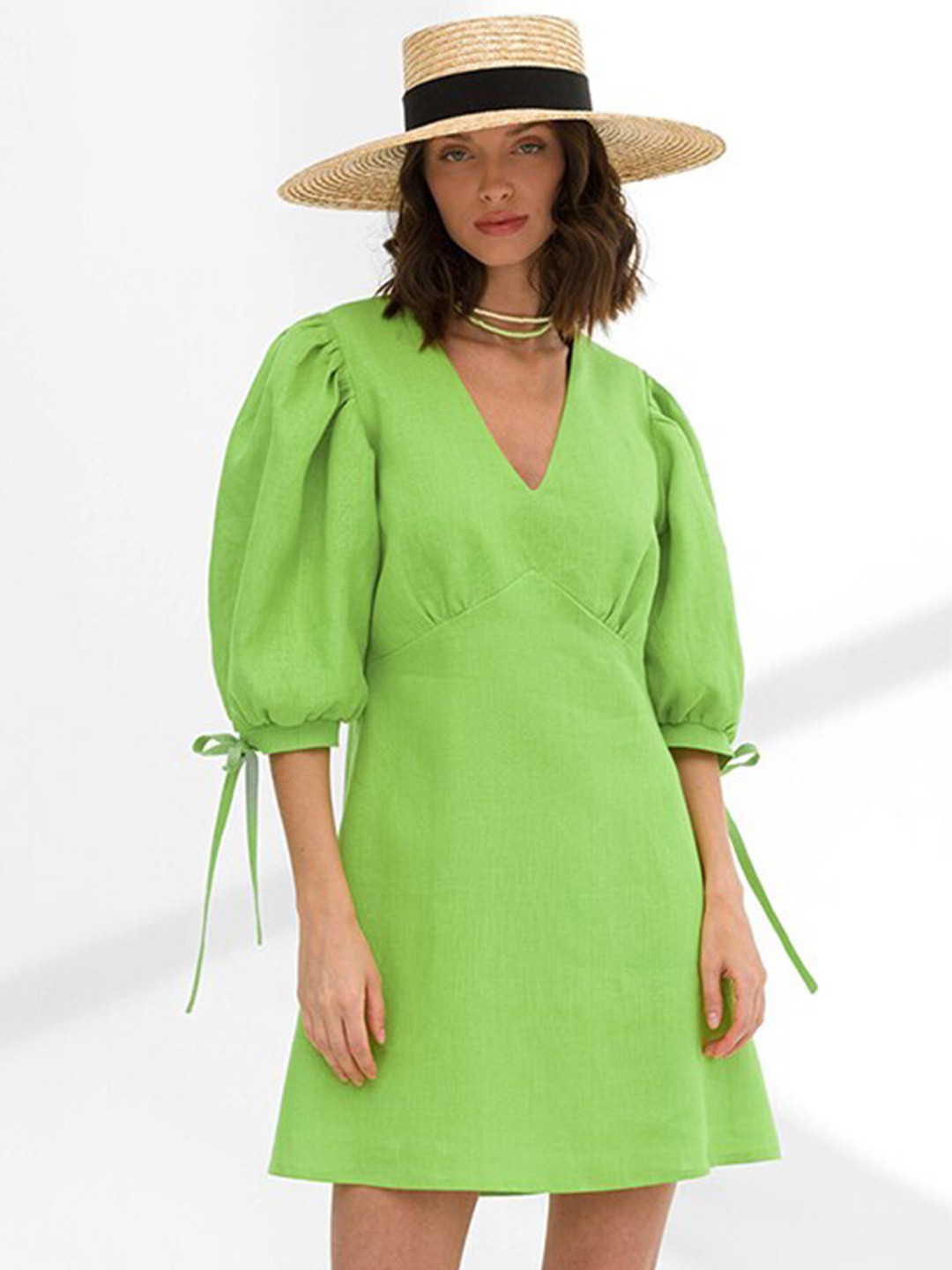 

StyleCast Green V-Neck Puff Sleeves Cotton A-Line Dress