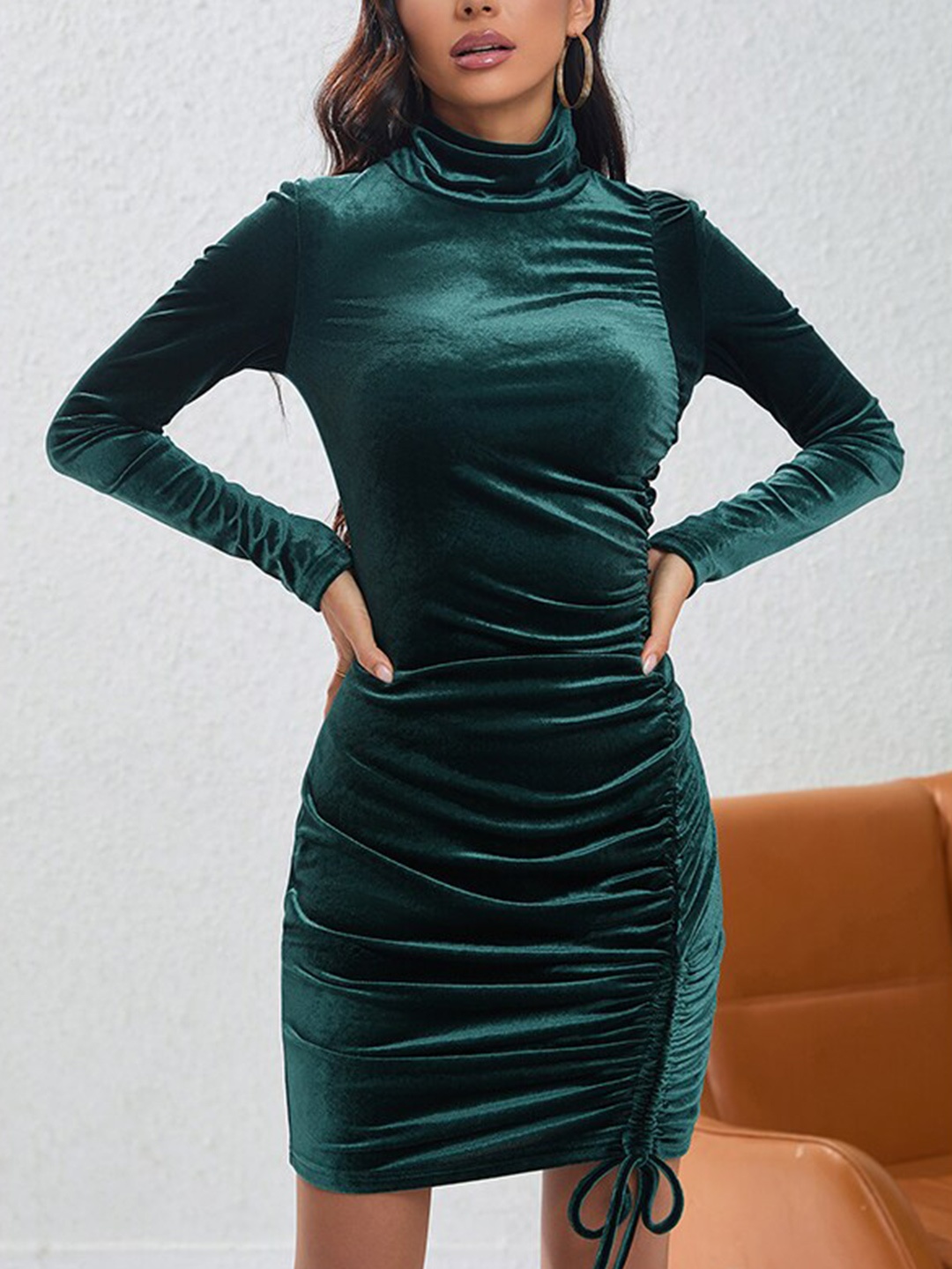 

StyleCast Green High Neck Ruched Bodycon Above knee Dress
