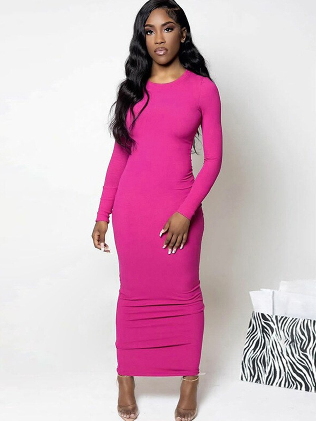 

StyleCast Fuchsia Round Neck Long Sleeves Bodycon Maxi Dress