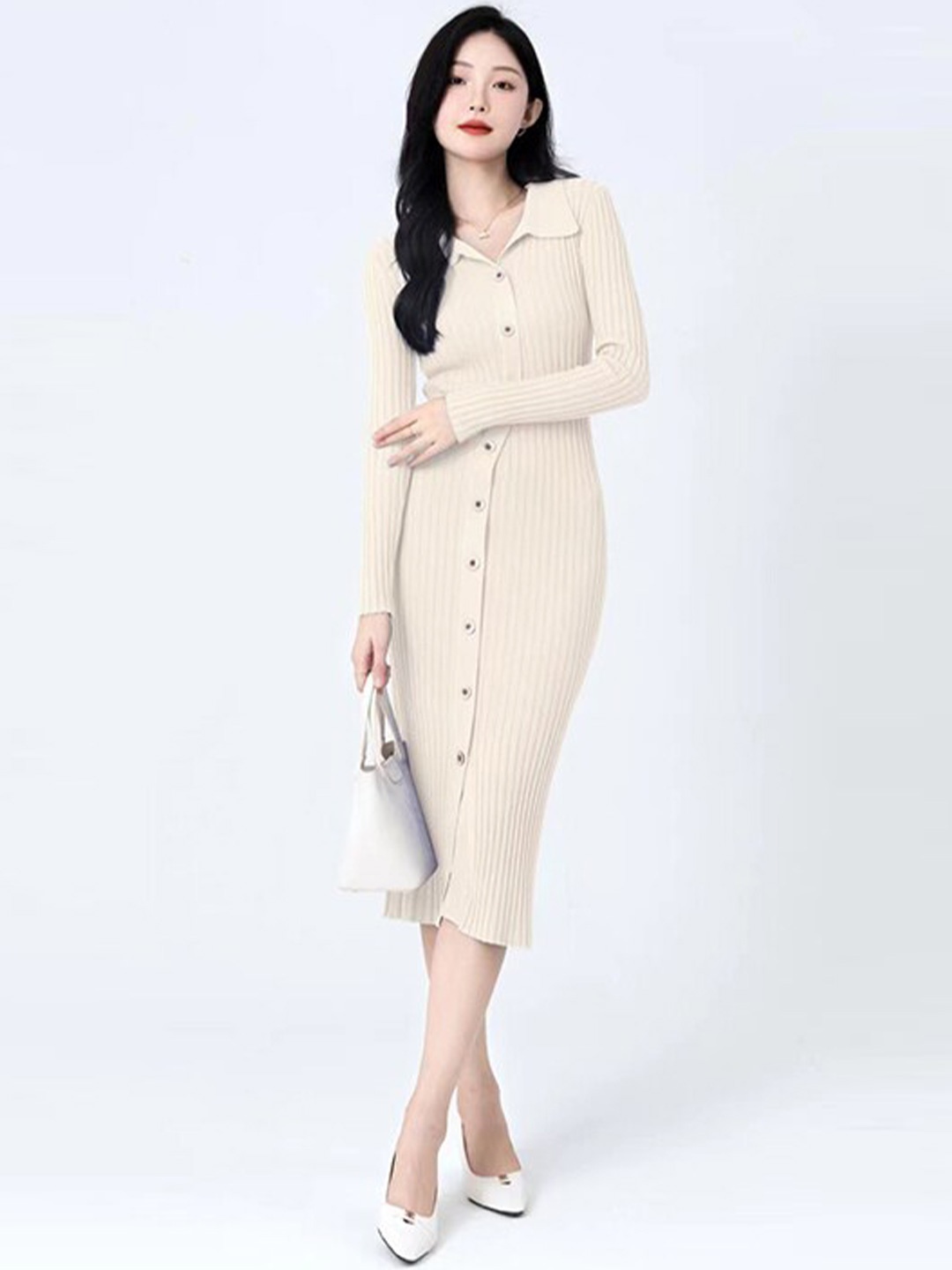 

StyleCast Beige Shirt Collar Ribbed Midi Jumper Dress