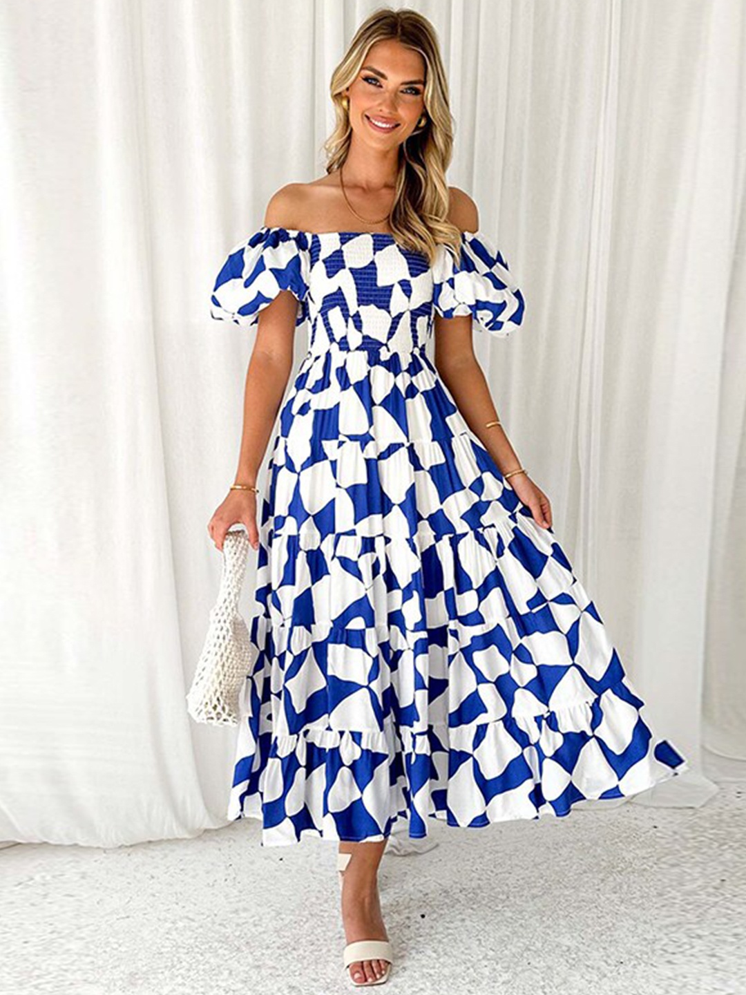

StyleCast Blue Geometric Printed Off-Shoulder Puff Sleeves Gathered Fit & Flare Midi Dress