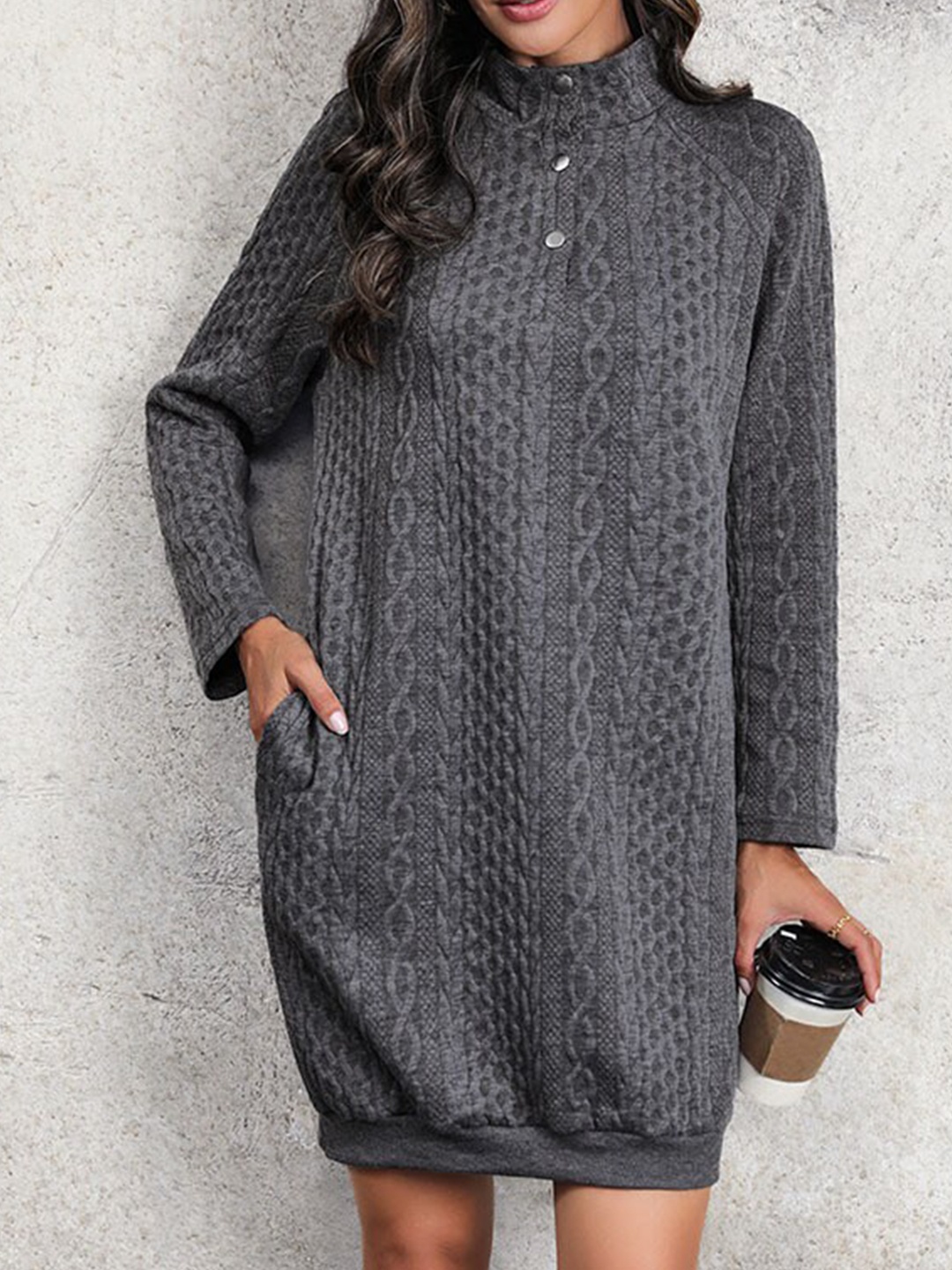 StyleCast Grey Self Design High Neck Sweater Dress