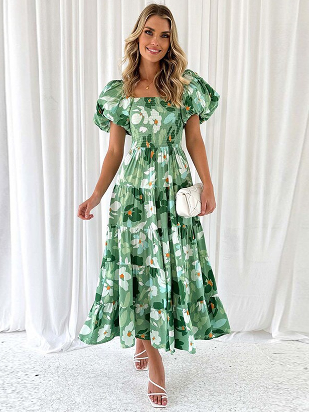 

StyleCast Green & White Floral Printed A Line Midi Dress