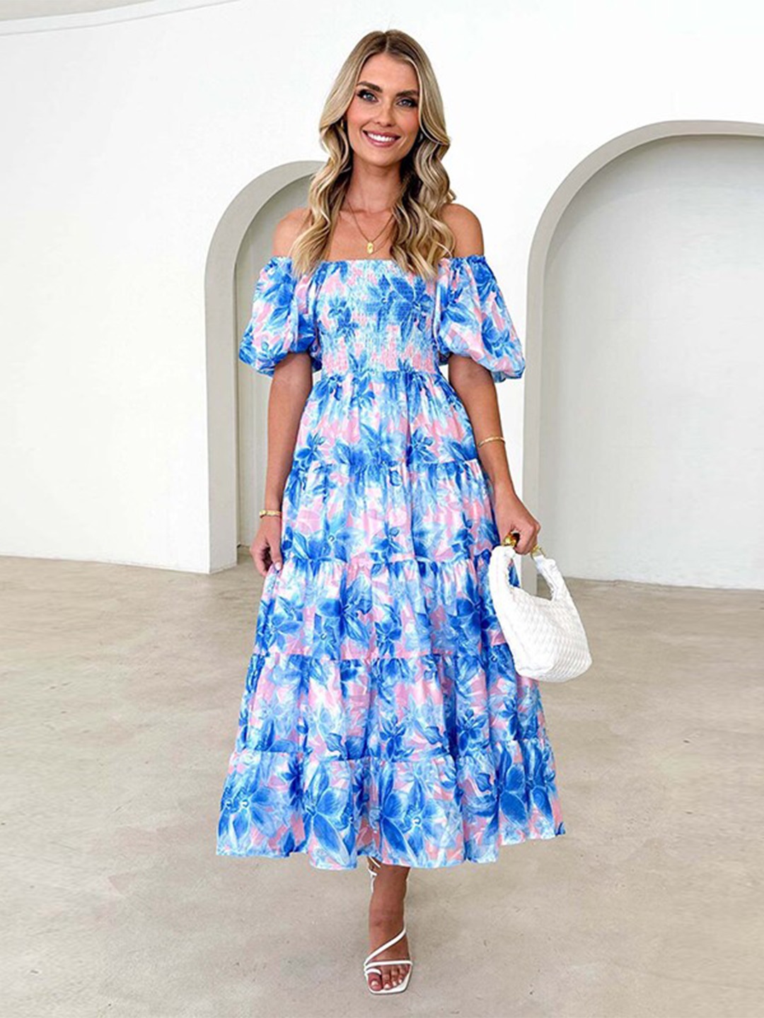 

StyleCast Blue Floral Printed Off-Shoulder Puff Sleeve Tiered Maxi Dress