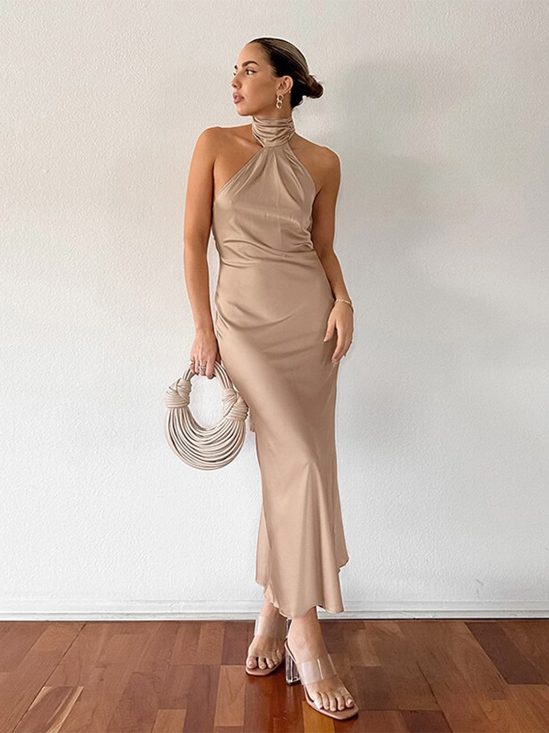 

StyleCast Khaki High Neck Sheath Maxi Dress, Gold