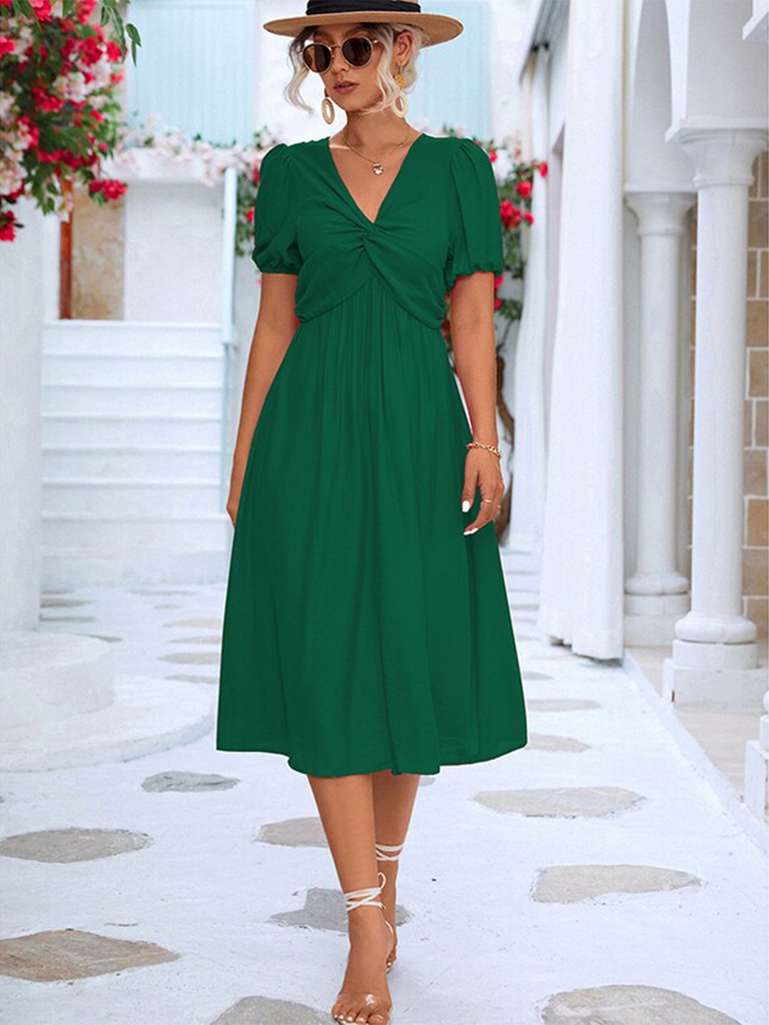

StyleCast Green V-Neck Puff Sleeves A-Line Midi Dress
