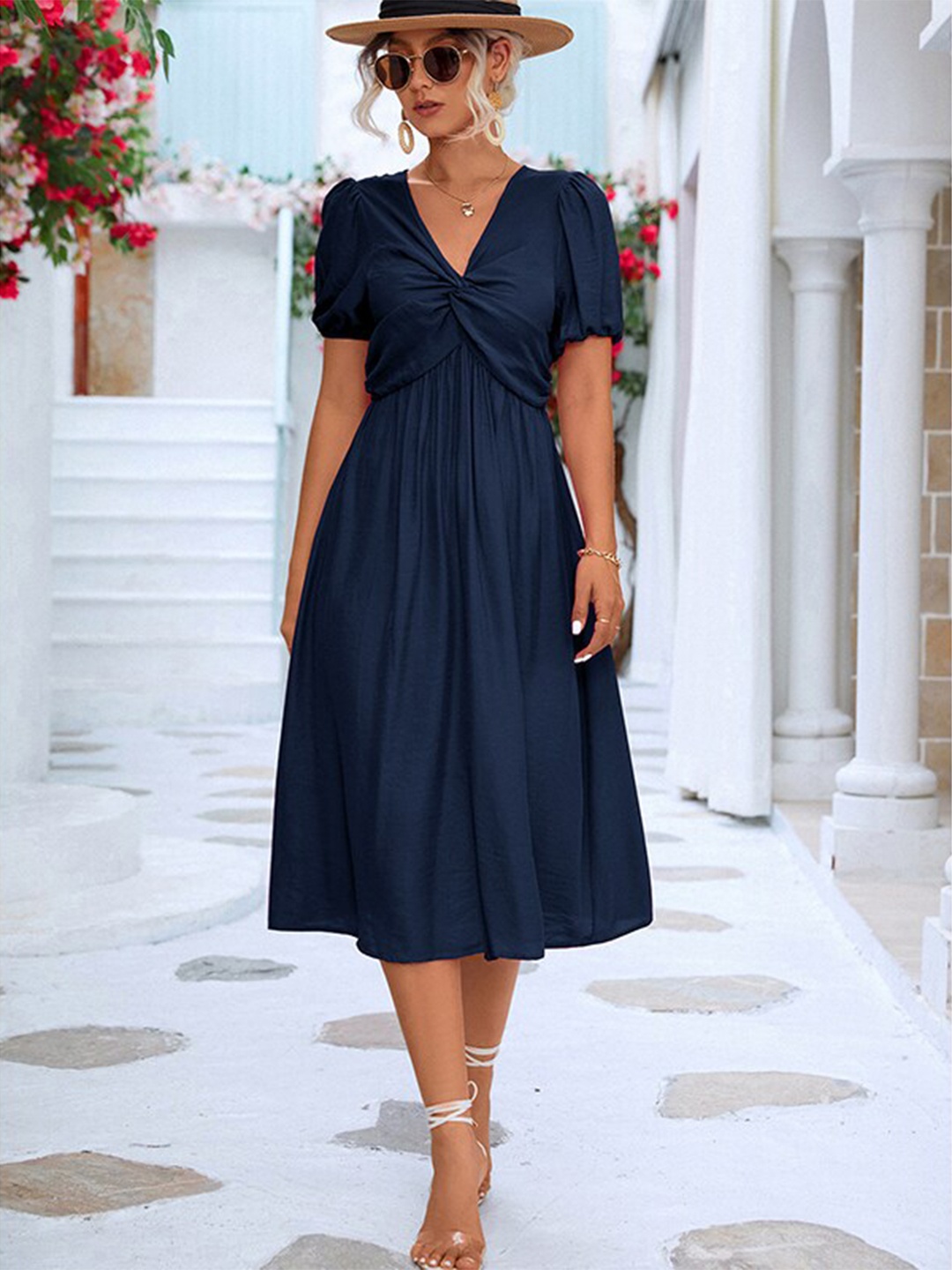 

StyleCast Navy Blue V-Neck Puff Sleeve A-Line Midi Dress