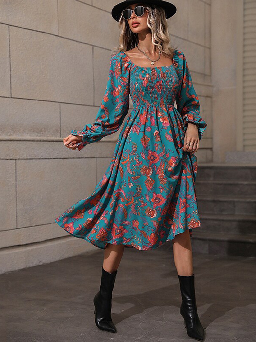 

StyleCast Blue Floral Printed Smocked Bishop Sleeve A-Line Midi Dress