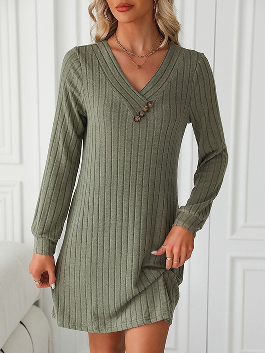 

StyleCast Green Striped V-Neck A-Line Dress