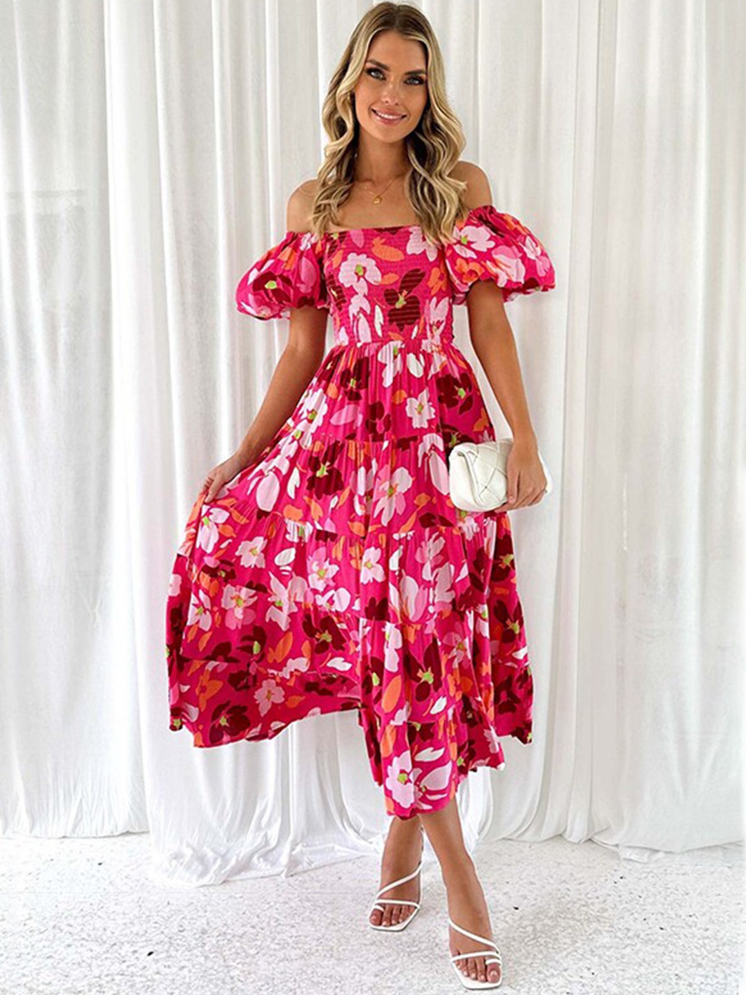 

StyleCast Printed Off-Shoulder Puff Sleeve Maxi Dress, Fuchsia