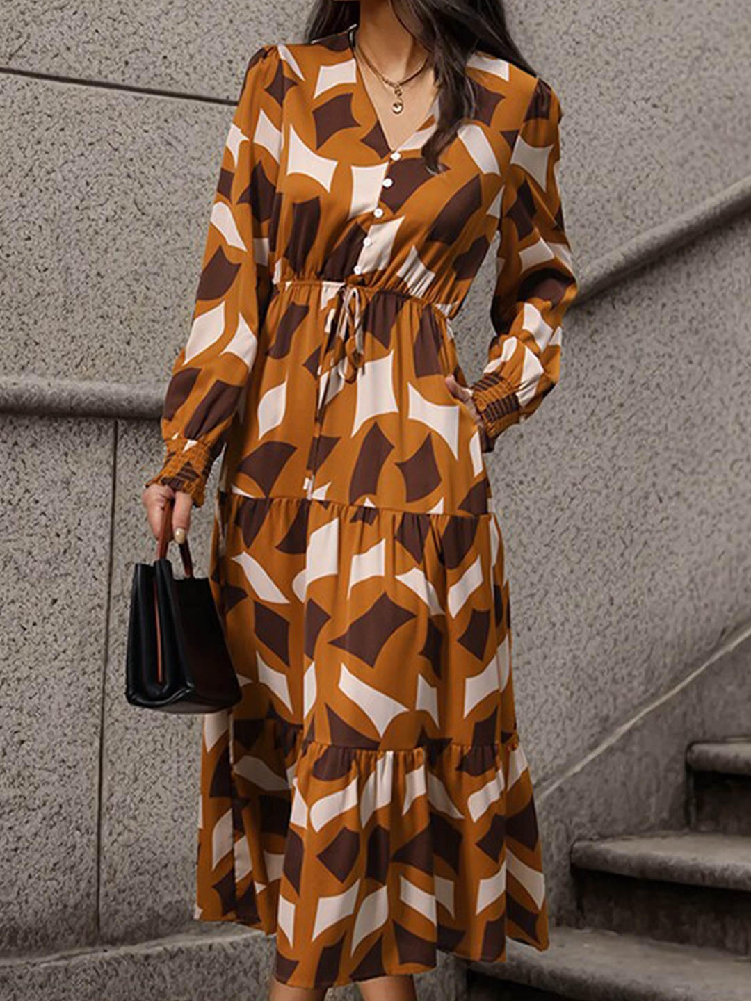 

StyleCast Yellow Abstract Printed Cuffed Sleeves Tiered Detail Midi Fit and Flare Dress