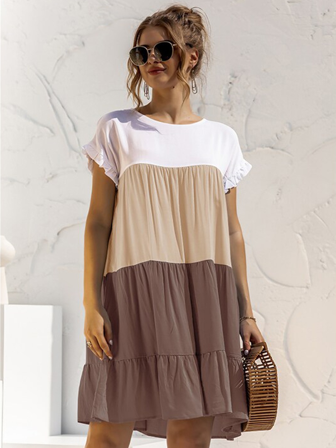 StyleCast Khaki Colourblocked Tiered T-Shirt Dress