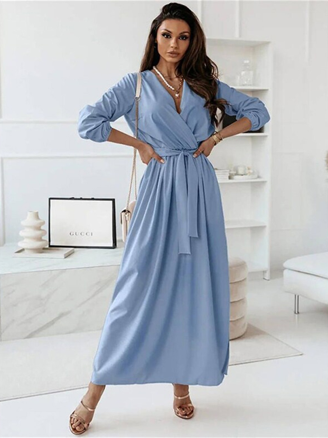 

StyleCast Blue V-Neck Puff Sleeves Wrap Maxi Dress