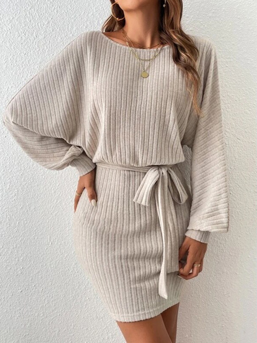 

StyleCast Beige Striped Extended Sleeves Sheath Dress