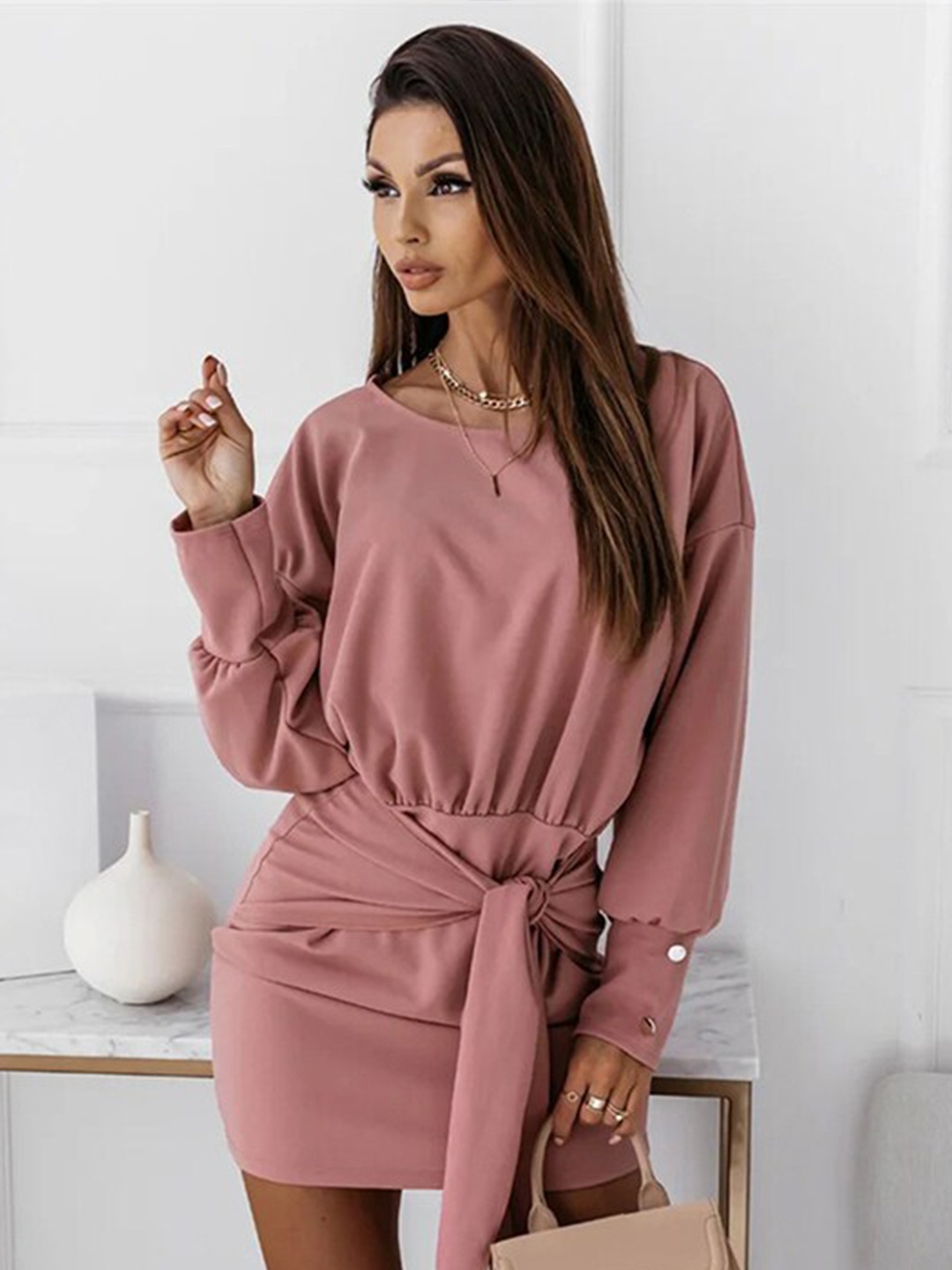 

StyleCast Pink Round Neck Cuffed Sleeves Waist Tie-Ups Wrap Mini Dress