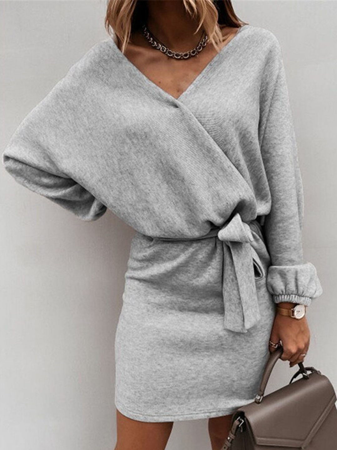 StyleCast Grey Extended Sleeves Tie-up Wrap Mini Dress