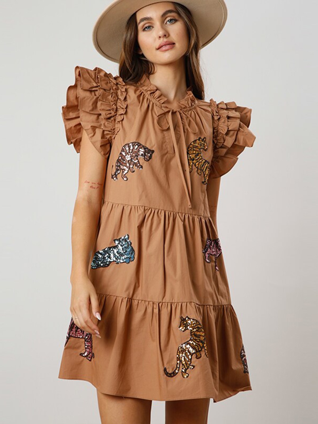 

StyleCast Brown Animal Printed Flutter Sleeves Ruffles Sequinned Tiered A-Line Dress