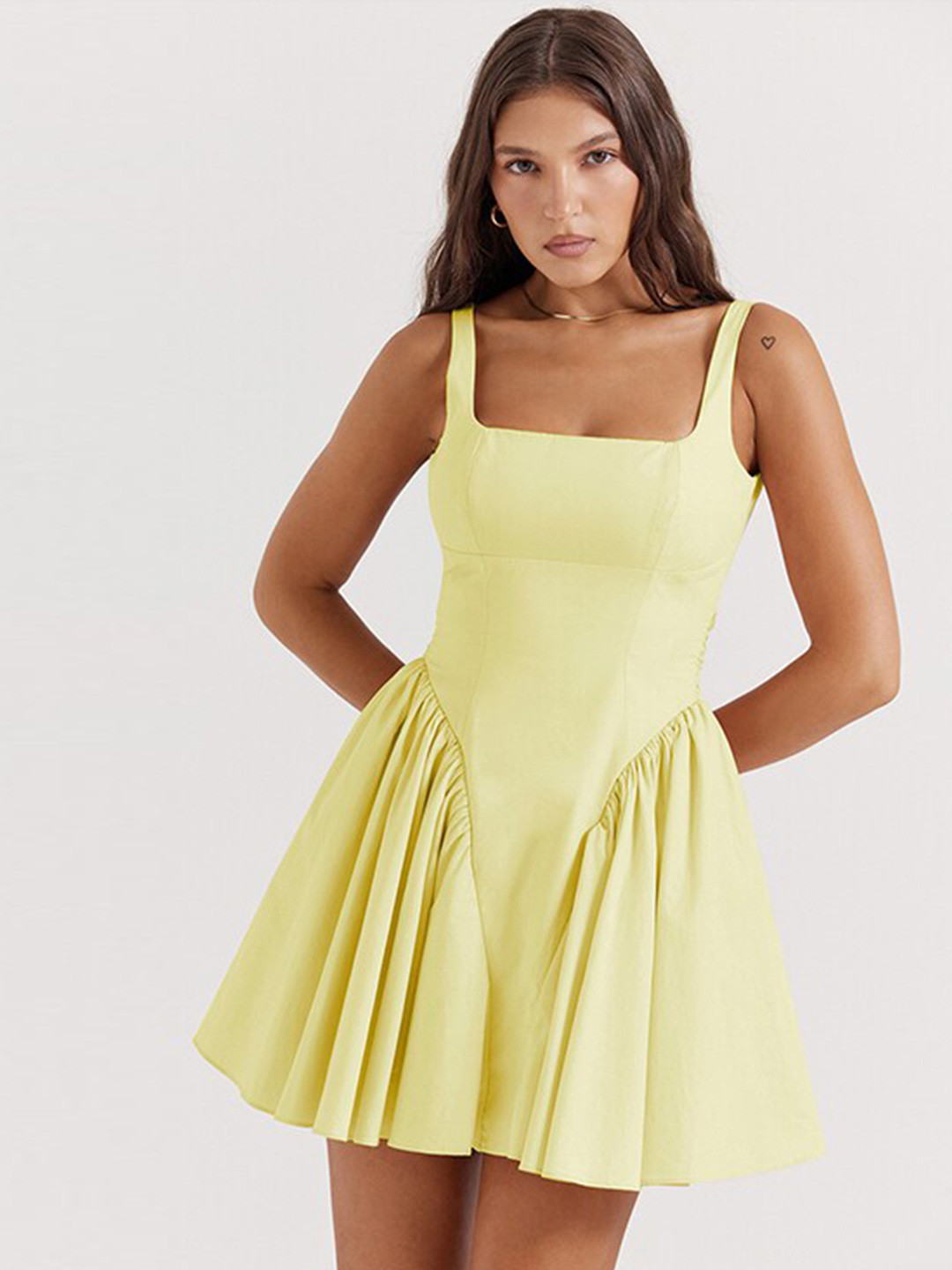 

StyleCast Yellow Square Neck Shoulder Straps Bow & Gathered Fit & Flare Mini Dress
