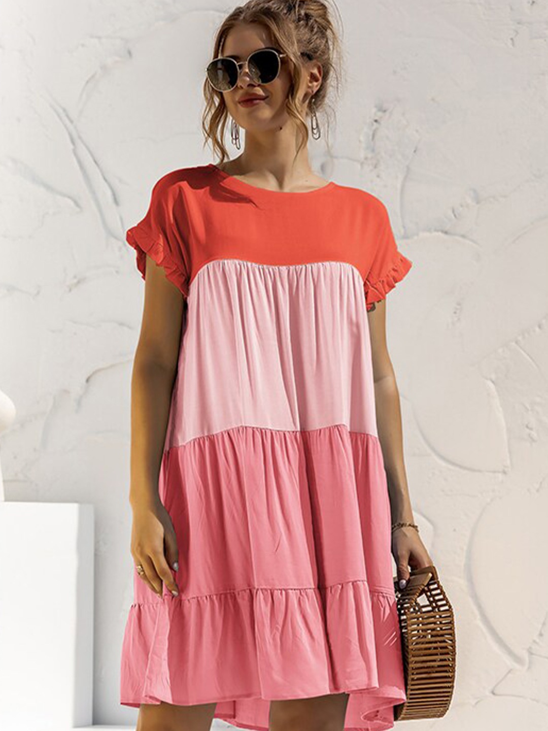 

StyleCast Pink Colourblocked Round Neck Gathered Tiered A-Line Dress