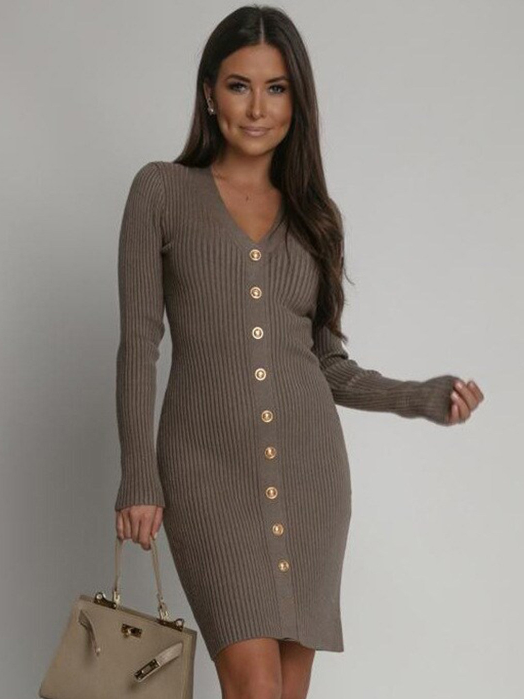 

StyleCast Coffee Brown Self Design V-Neck Sheath Dress