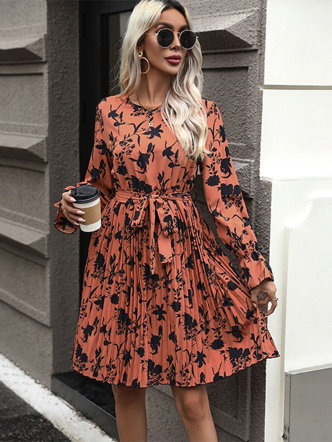 

StyleCast Brown & Black Floral Printed A Line Dress