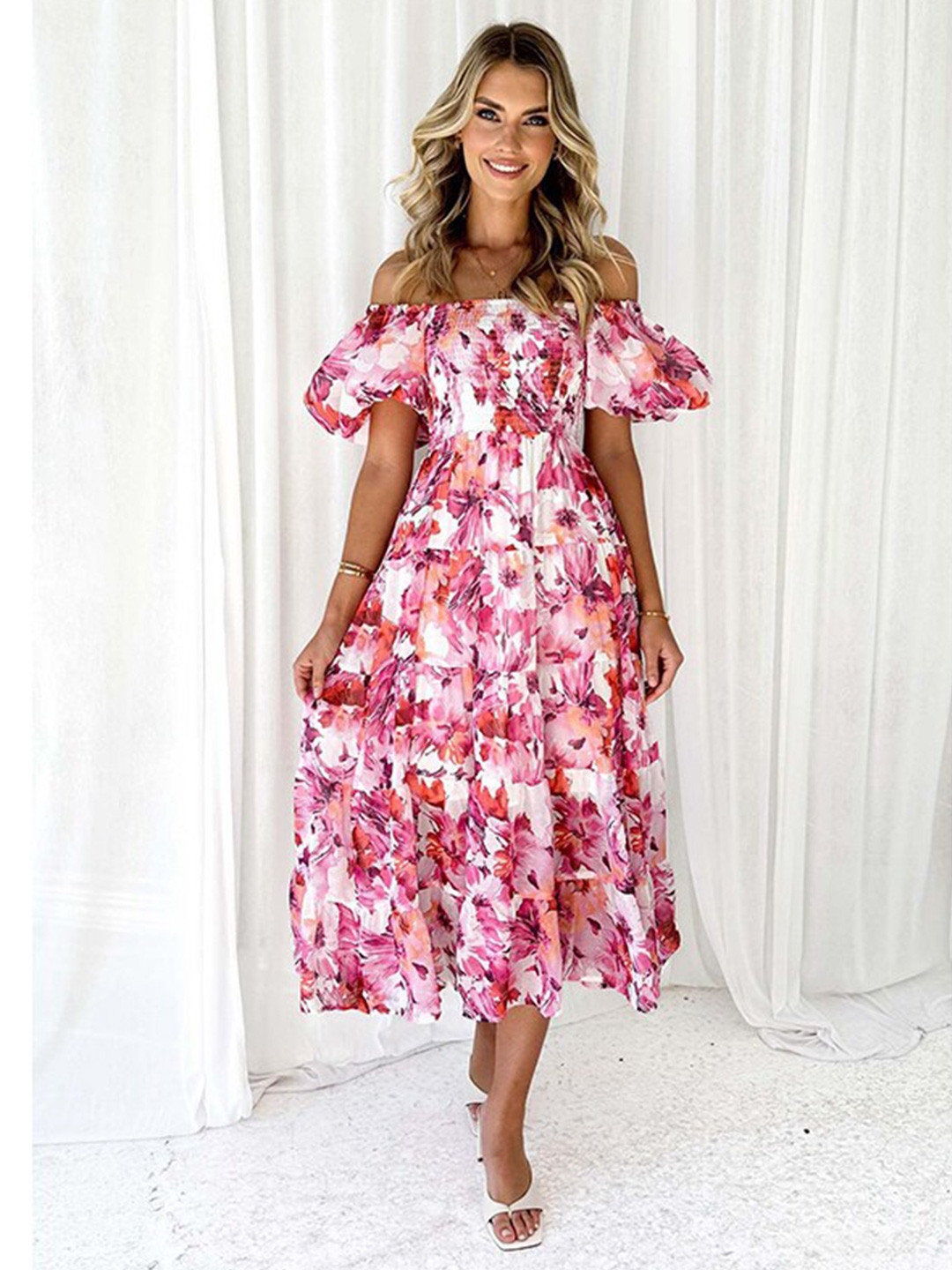

StyleCast Red Floral Printed Off-Shoulder Puff Sleeve A-Line Maxi Dress