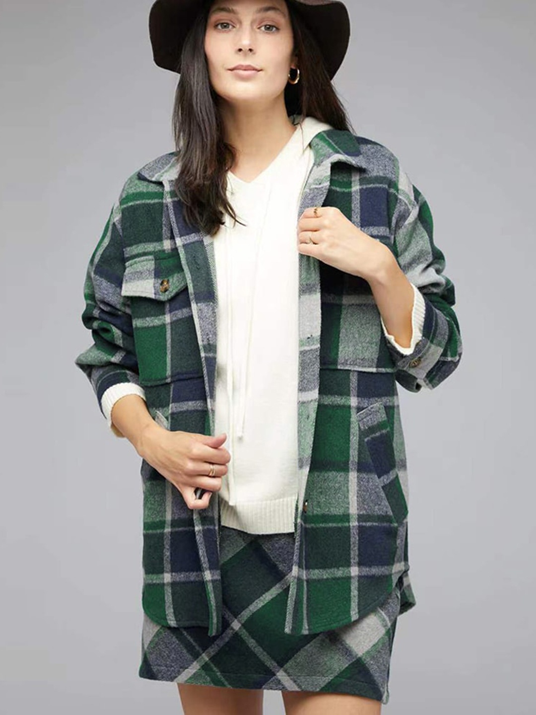 

StyleCast Green Tartan Checks Cotton Longline Shacket