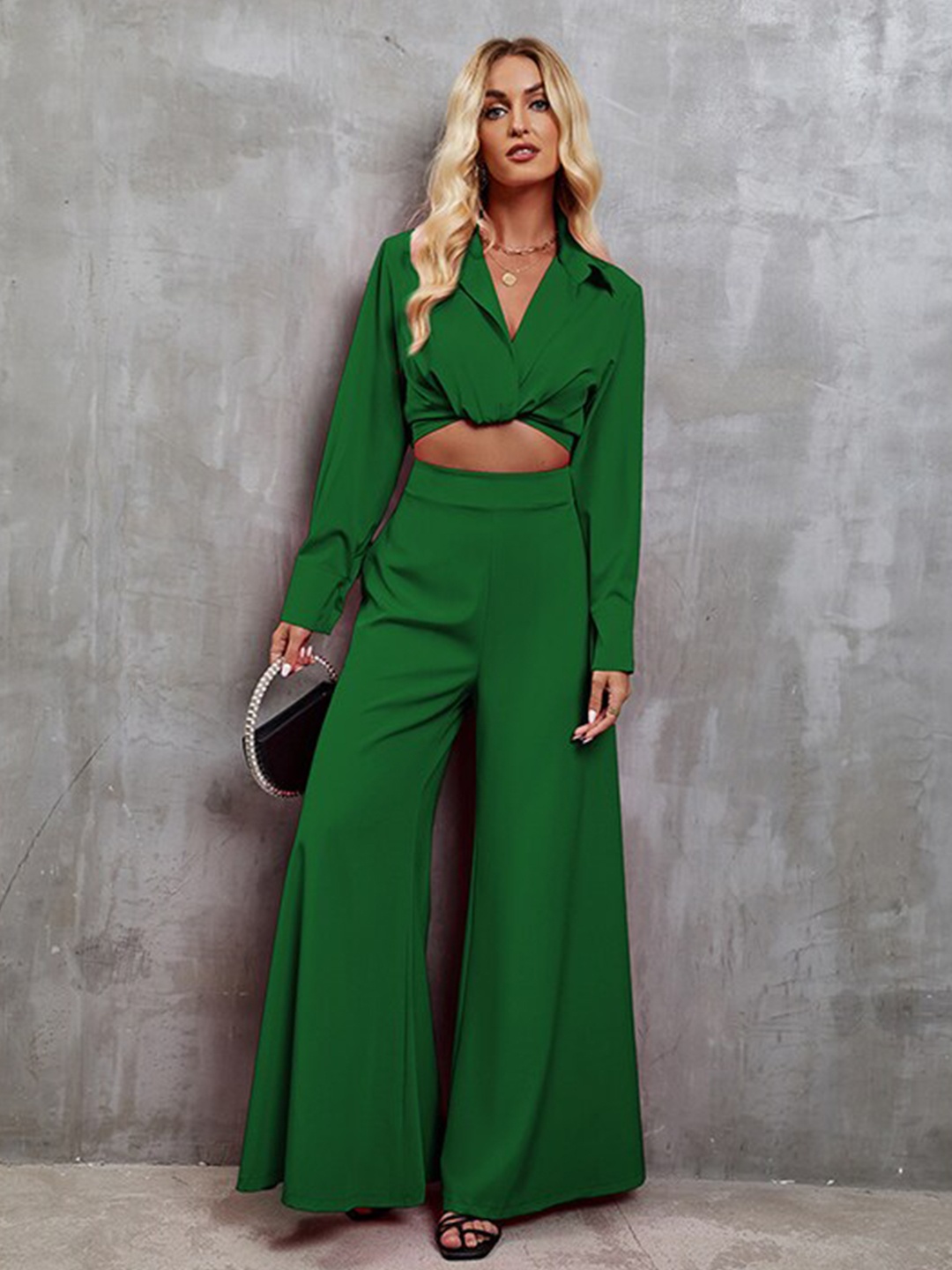 

StyleCast Green Cuffed Sleeves Crop Top With Palazzo