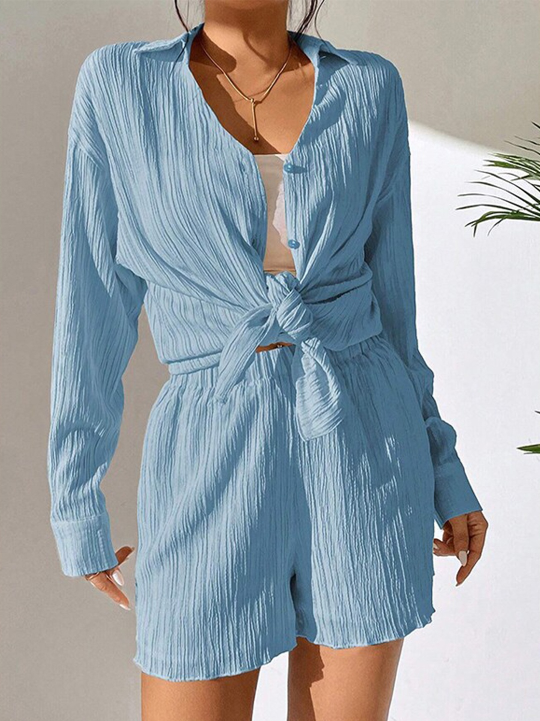 

StyleCast Blue Shirt Collar Cuffed Sleeves Shirt With Shorts