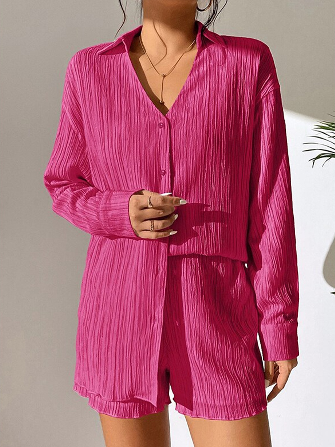 

StyleCast Pink Shirt Collar Cuffed Sleeves Shirt With Shorts, Fuchsia