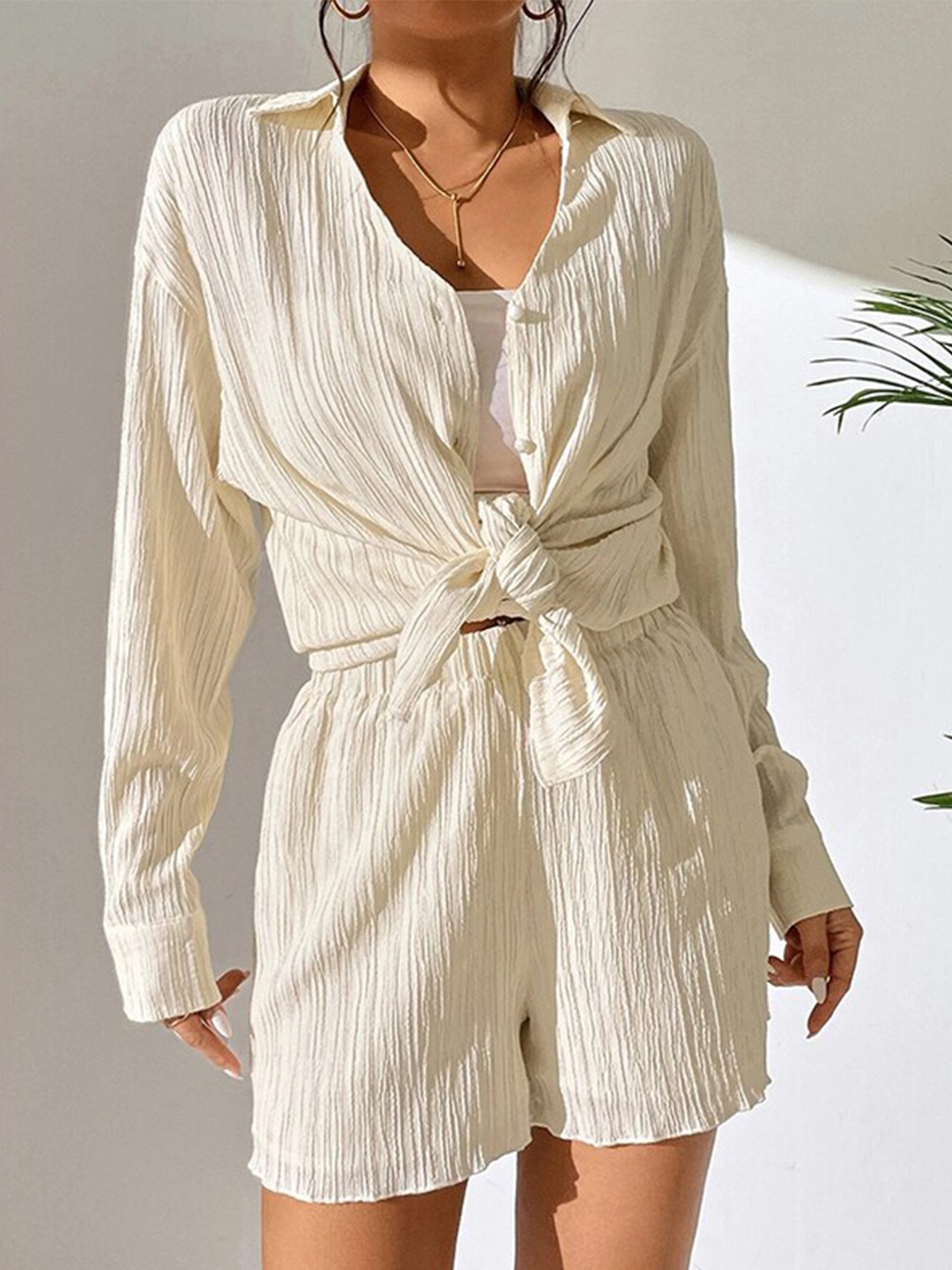 

StyleCast Beige Shirt Collar Cuffed Sleeves Shirt With Shorts