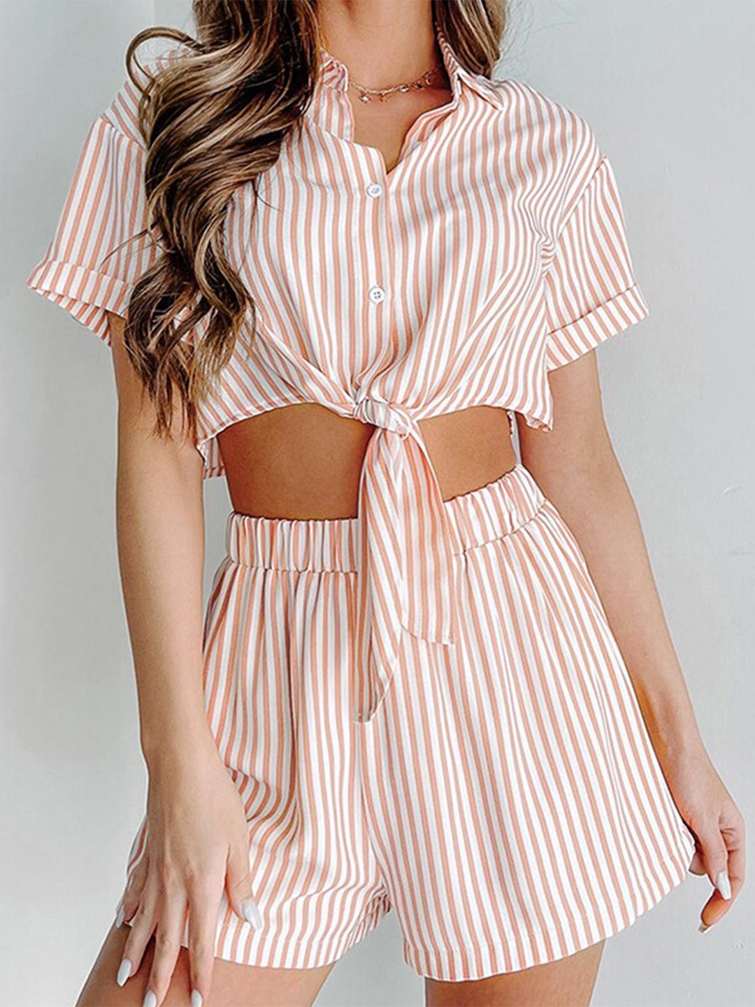 

StyleCast White Striped Waist Tie Up Crop Shirt and Shorts, Pink