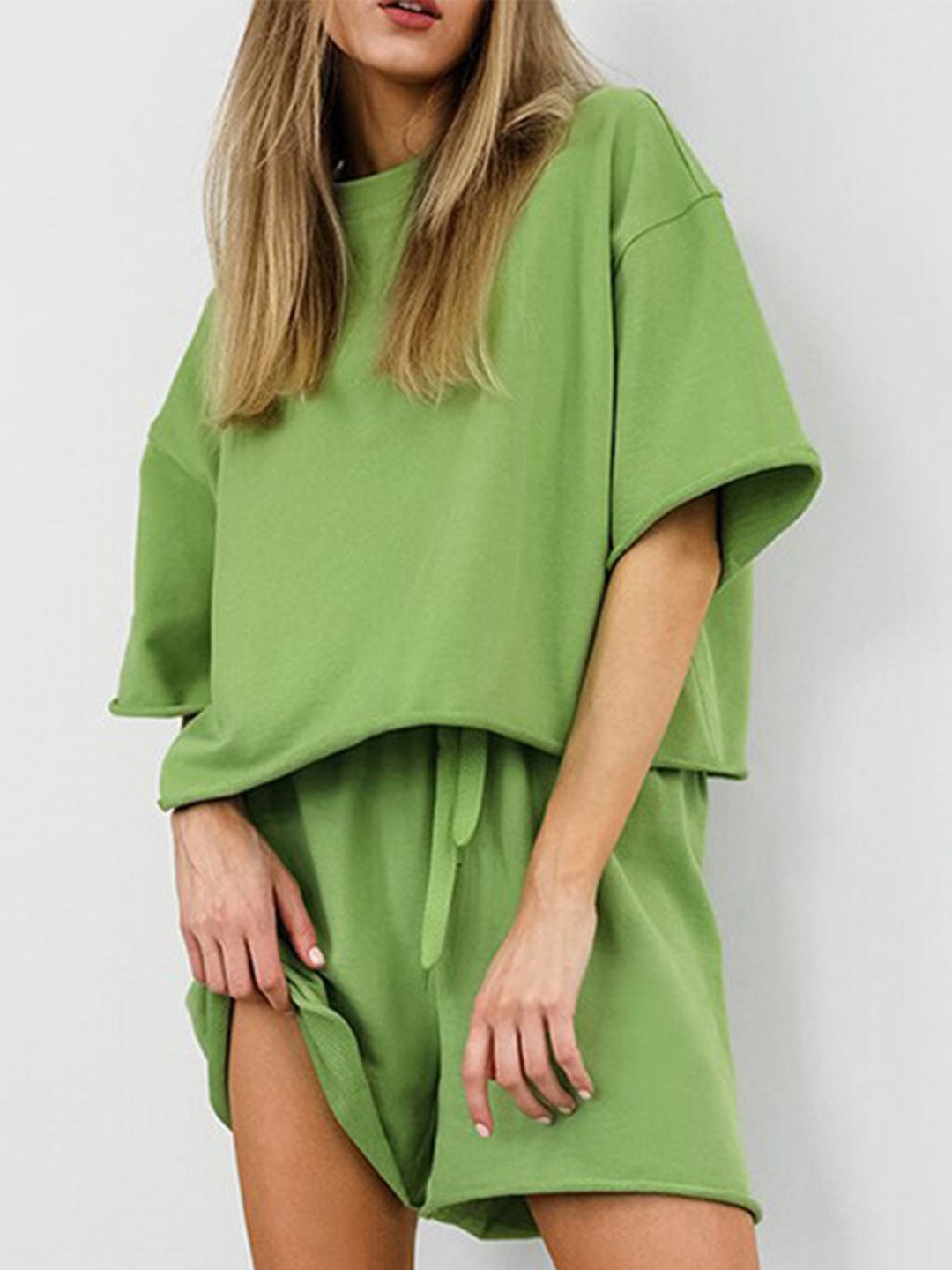 

StyleCast Green Round Neck T-shirt and Shorts Set