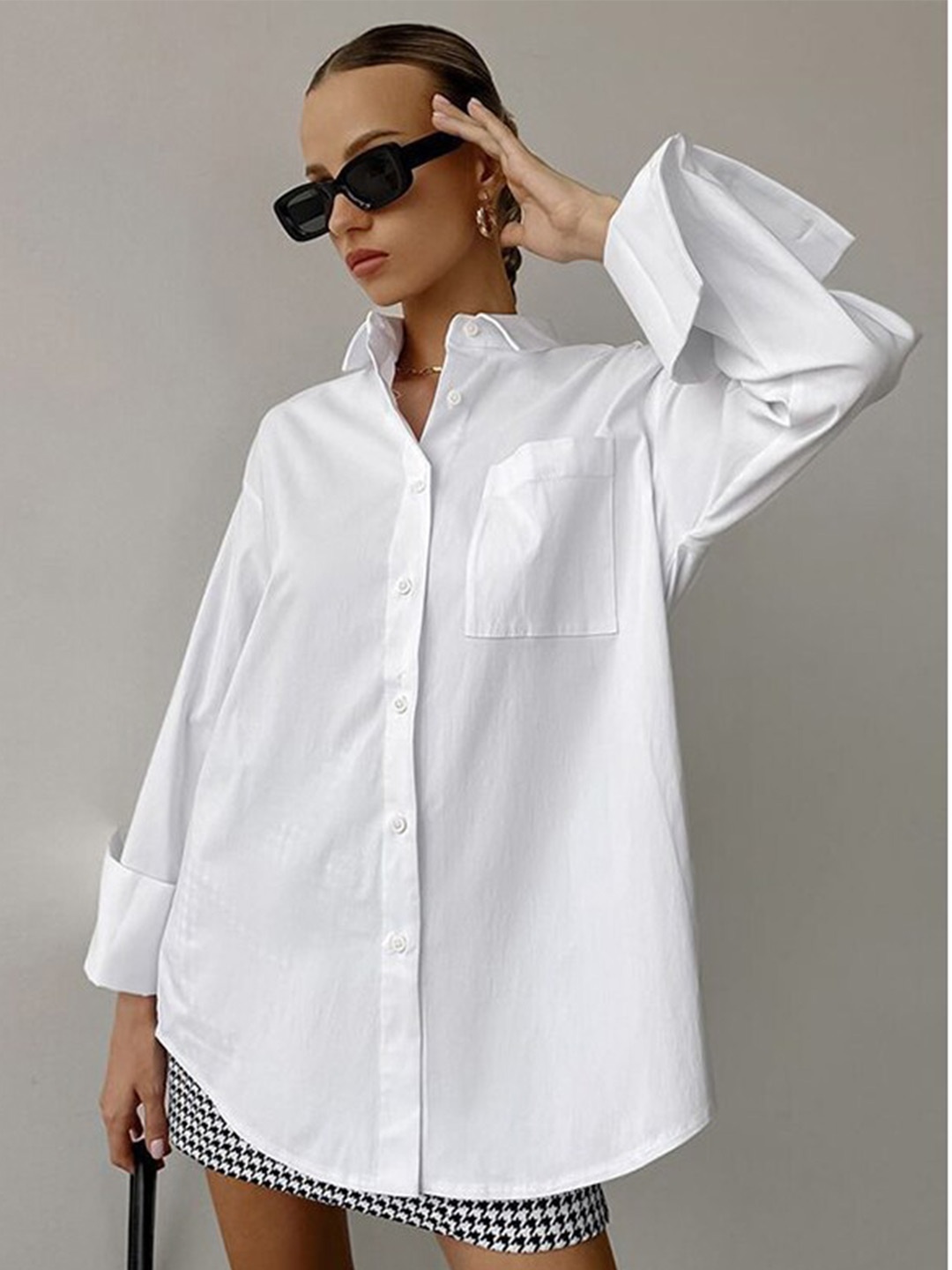 

StyleCast White Oversized Long Sleeves Flannel Weave Longline Casual Shirt