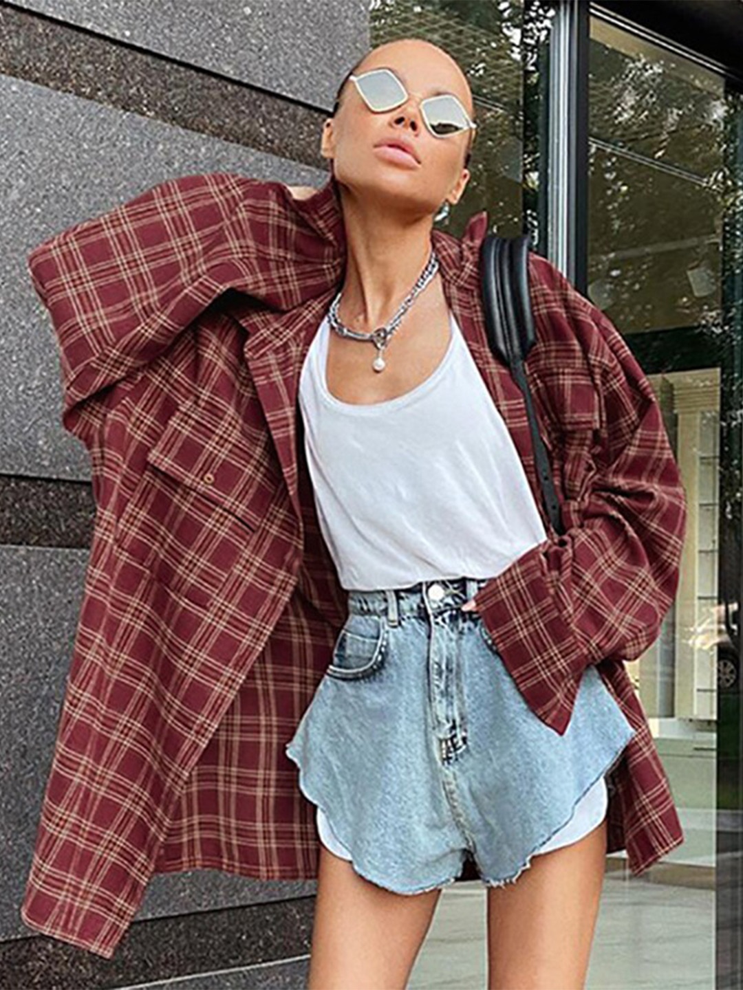 

StyleCast Red Oversized Checked Flannel Spread Collar Cotton Longline Casual Shirt