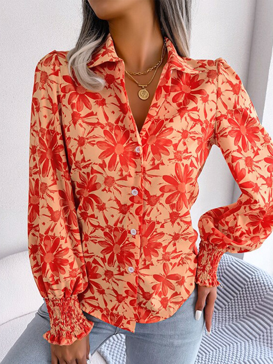 

StyleCast Orange Floral Printed Spread Collar Long Sleeves Casual Shirt