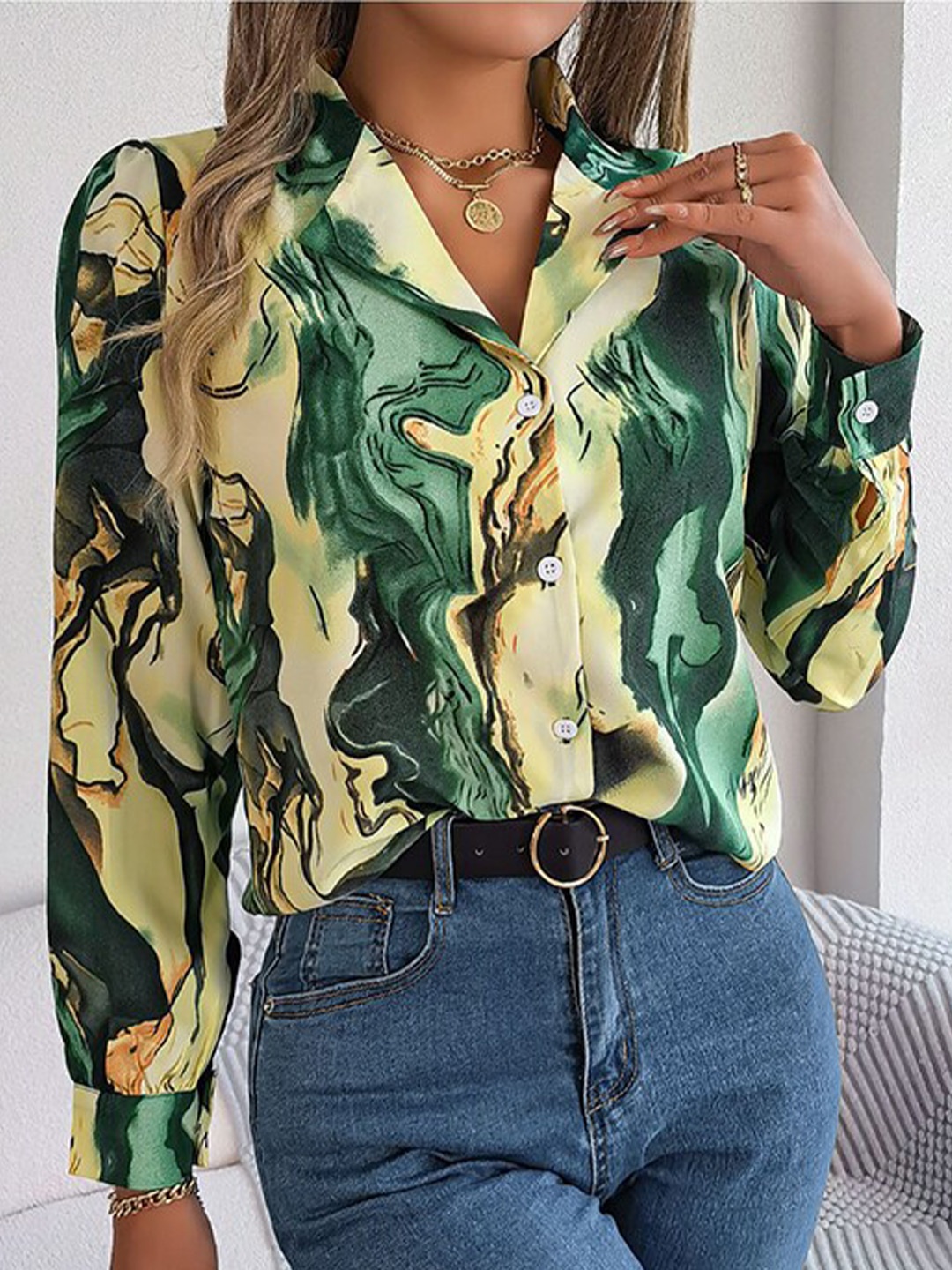 

StyleCast Green Abstract Printed Cuban Collar Casual Shirt