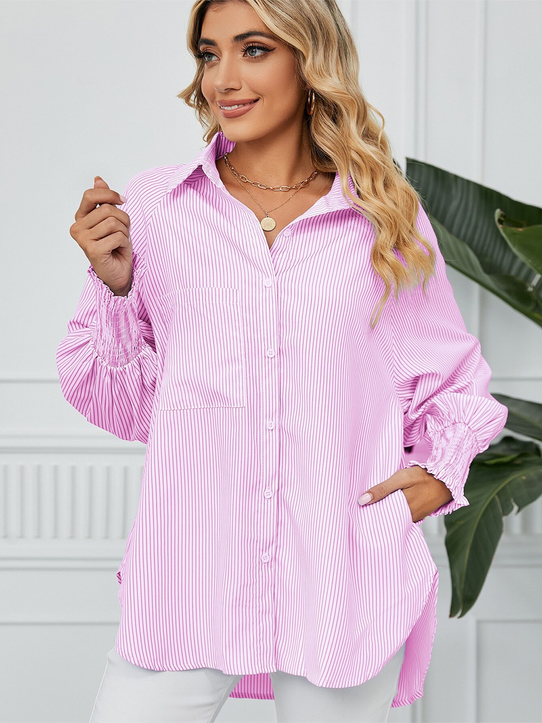 

StyleCast Pink Striped Longline Casual Shirt