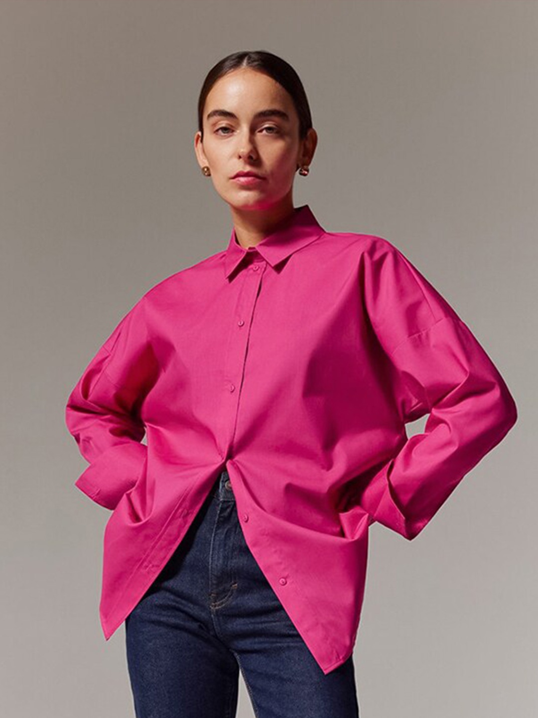 

StyleCast Fuchsia Pink Drop-Shoulder Sleeves Longline Casual Shirt