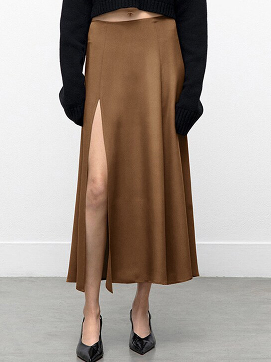 

StyleCast Brown Front Slit A-Line Midi Skirt