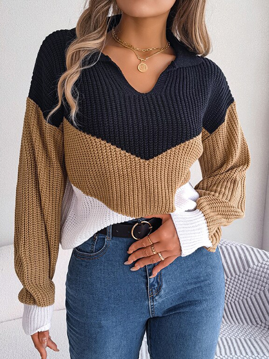 

StyleCast Khaki Colourblocked V-Neck Acrylic Pullover