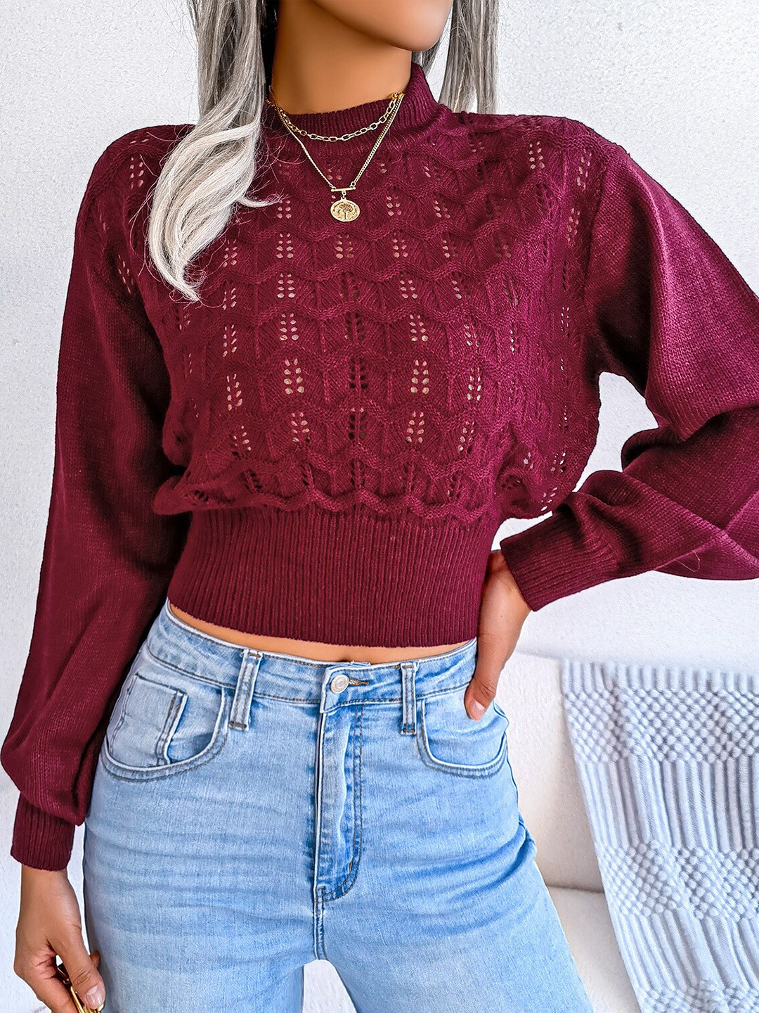 

StyleCast Maroon Cable Knit High Neck Open Knit Pullover