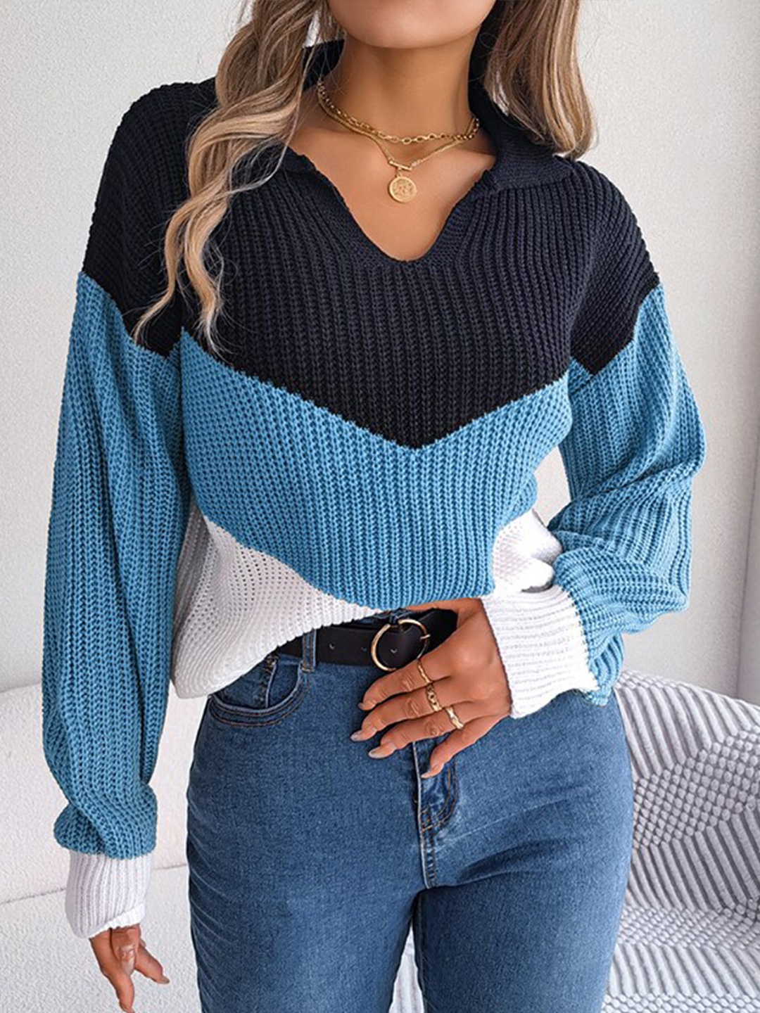 

StyleCast Blue Colourblocked Lapel Collar Acrylic Pullover