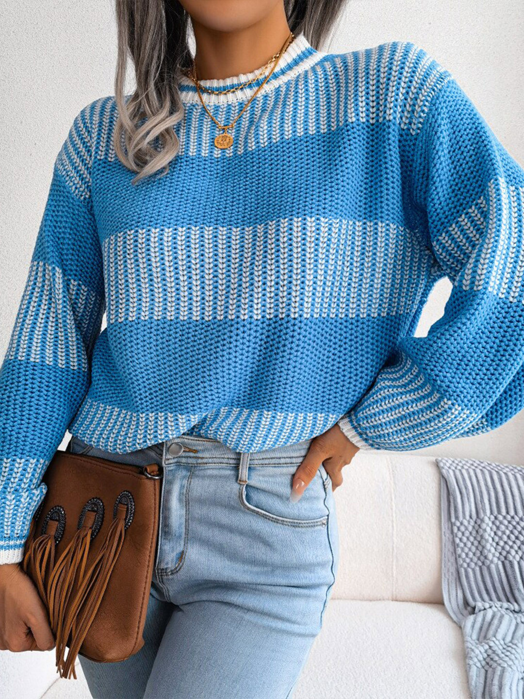 

StyleCast Blue Cable Knit Self Design Acrylic Pullover