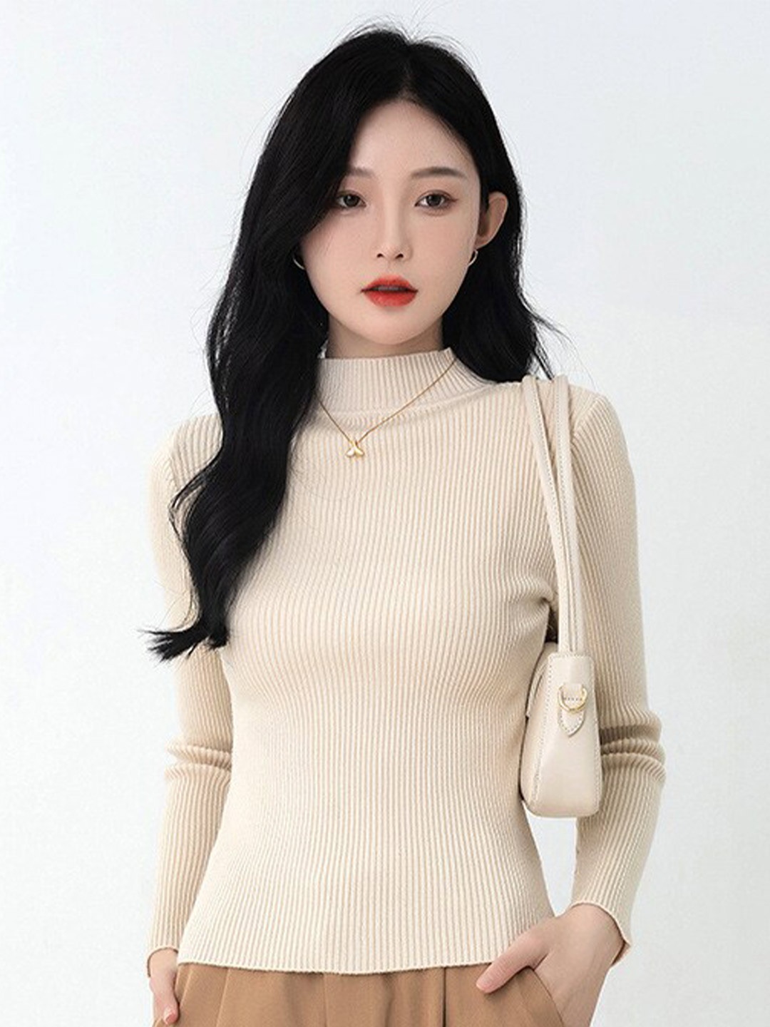 

StyleCast Beige Ribbed High Neck Pullover Sweater